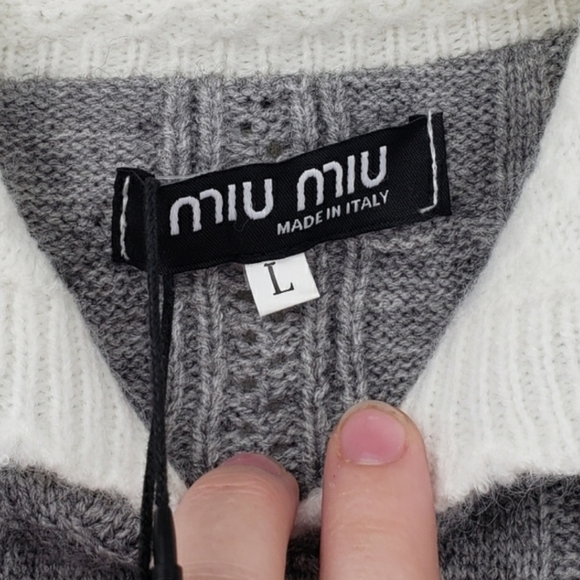 Miu Miu Gray Cropped Cable Knit Sweater Long Sleeve White Peter Pan Collar L - Picture 9 of 13